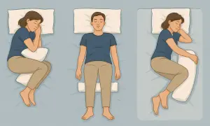 Posizioni per dormire: supino con cuscino tra le ginocchia per alleviare il nervo sciatico gamba sinistra, o su un fianco con cuscino tra le gambe.