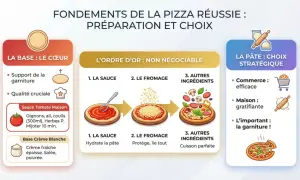 Infographie sur les étapes de préparation d'une pizza réussie, de la base à la garniture, avec une mention spéciale pour la sauce tomate maison.