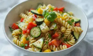 Kolorowa sałatka z makaronem fusilli, cukinią, pomidorami i papryką, udekorowana bazylią.