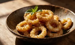 Knusprige calamari fritti in einer rustikalen Schale, garniert mit frischer Minze. Ein Genuss für die Sinne.