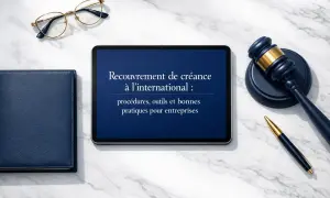 Tablette affichant "Recouvrement de créance à l'international". Un marteau de juge, un stylo, des lunettes et un carnet sont disposés sur un bureau en marbre, suggérant des démarches juridiques pour les dettes dans un autre pays.