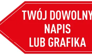 Czerwony baner w kształcie strzałki z białym napisem: "TWÓJ DOWOLNY NAPIS LUB GRAFIKA".