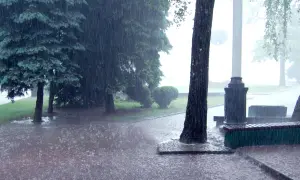Intensywny deszcz nawalny zalewa parkową alejkę i trawnik. Drzewa pochylają się pod naporem wody.
