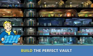 Vault Boy z mapą planuje rozbudowę podziemnego schronu w grze Fallout Shelter Online.
