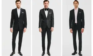 Trzech mężczyzn prezentuje różne stylizacje, jak ubrać się na wesele mężczyzna: klasyczny garnitur, smoking i elegancki zestaw z różową koszulą.