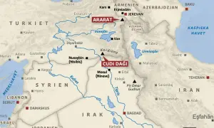 Karta över Mellanöstern med fokus på Mesopotamien. Cudi Daği markerad, där Noaks ark landade noak på.