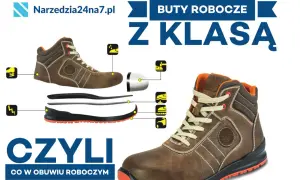 Buty robocze z klasą – zobacz, jakie buty robocze są najważniejsze. Rozłożony na części but roboczy z opisem elementów.
