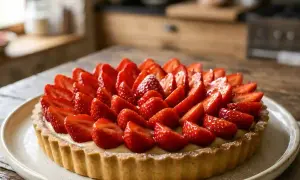 Une magnifique tarte aux fraises, garnie de fruits rouges frais et d'une crème onctueuse, prête à être dégustée.