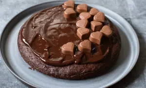 En saftig fransk chokladtårta täckt med chokladglasyr och dekorerad med små chokladhjärtan.