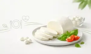 Świeża mozzarella na talerzu z pomidorkami i bazylią. Zastanawiasz się nad mozzarella kcal? To pyszny i zdrowy dodatek.