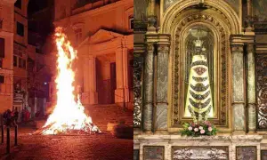 Fuoco acceso e statua della Madonna di Loreto in chiesa: immagini che evocano la devozione e le celebrazioni quando si festeggia la Madonna di Loreto.
