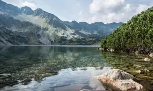 Dolina Pięciu Stawów z dzieckiem w tle, otoczona górami i lasem. Woda krystalicznie czysta, widać kamienie na dnie.