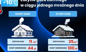 Porównanie zużycia gazu ziemnego w nowym i starym domu w mroźny dzień. Wartość opałowa gazu wpływa na koszty ogrzewania.