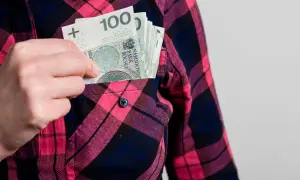 Ręka wkłada banknoty 100 zł do kieszeni koszuli w kratę. Może to symbolizować wynagrodzenie ryczałtowe.