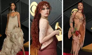 Trzy artystki na czerwonym dywanie, każda w unikatowej kreacji, gotowe na odbiór nagrody Grammy: najlepszy teledysk.