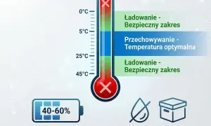Termometr pokazuje optymalne warunki dla żywotności akumulatora: ładowanie w bezpiecznym zakresie temperatur, przechowywanie w optymalnej temperaturze, poziom naładowania 40-60% i suche miejsce.