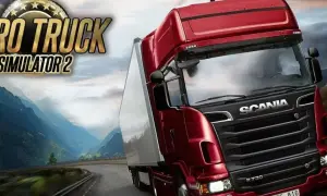 Czerwona ciężarówka Scania na krętej drodze w górach. Logo "Euro Truck Simulator 2" sugeruje grę na PS5.