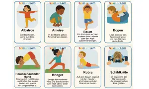 Bilder für Yoga im Kindergarten: Kinder üben Albatros, Ameise, Baum, Bogen, Hund, Krieger, Kobra und Schildkröte.