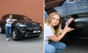 Kvinna pekar på en repa på sin svarta Jeep Cherokee, ett problem som många bilägare känner igen.