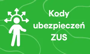 Biała ikona postaci z rozchodzącymi się strzałkami nad głową na zielonym tle. Tekst: "Kody ubezpieczeń ZUS".