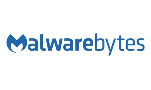 Niebieskie logo Malwarebytes z charakterystycznym symbolem i nazwą firmy.