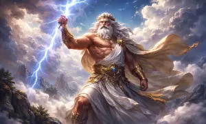 Potężny Zeus, władca Olimpu, dzierży piorun, unosząc się wśród chmur nad skalistymi szczytami.