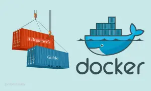 Grue soulevant des conteneurs, un rouge "A Beginner's" et un bleu "Guide". Le logo Docker, une baleine bleue, est à droite.