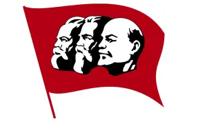 Trzy głowy w profilu na czerwonym tle, symbolizujące ideologię komunistyczną.