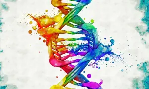 Kolorowa, akwarelowa podwójna helisa DNA, symbolizująca złożoność życia i potencjalne objawy u dorosłych.