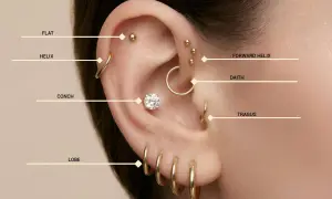 Ucho ozdobione złotymi kolczykami w różnych miejscach: płatek, helix, conch, forward helix, daith, tragus. To pokazuje, co to jest piercing.