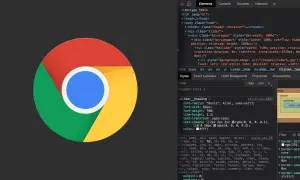 Logo Chrome i otwarte narzędzia deweloperskie w przeglądarce, pokazujące kod HTML i CSS.