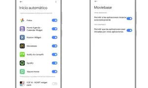 Pantallas de móvil mostrando ajustes de inicio automático de apps. En el segundo plano, se ve la lista de apps permitidas.