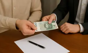 Przekazanie banknotu 100 zł. Niewidoczna osoba w garniturze wręcza pieniądze, co może symbolizować darowiznę od obcej osoby lub transakcję.
