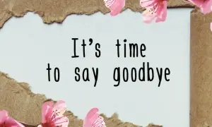 It's time to say goodbye" - tekst na tle z rozdartym papierem i kwitnącymi gałązkami wiśni. Czas na vox szczęśliwej drogi.