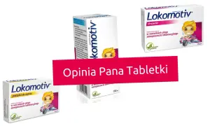 Opakowania Lokomotiv: pastylki do ssania i drażetki, z uśmiechniętym dzieckiem w bolidzie.
