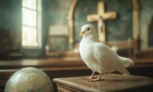 Biały gołąb na tle krzyża i okna. Jak odnaleźć wiarę w dorosłym życiu poradnik dla poszukujących.
