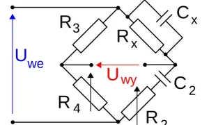 Schemat mostka Wheatstone'a z elementami R2, R3, R4, Rx i kondensatorami Cx, C2. Używany do pomiaru pojemności kondensatora.