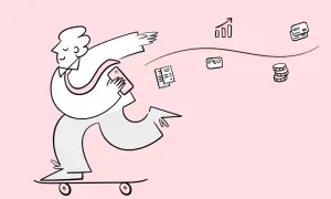 Mann auf Skateboard mit Handy, umgeben von Symbolen für Finanzen und Transaktionen, wie Belege, Münzen, Diagramme und eine firmenkreditkarte nicht personenbezogen.