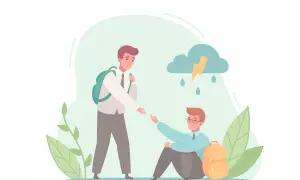 Jongen met groot empathisch vermogen helpt vriend die verdrietig is onder een onweerswolk.