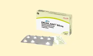 Opakowanie Dexilant 60mg, leku na zgagę i refluks. Zawiera 14 kapsułek.