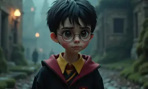 Harry Potter na flecie, w szacie Gryffindoru, stoi na mglistej ścieżce.