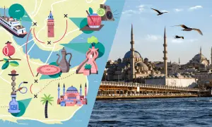 Karte mit Sehenswürdigkeiten für einen Istanbul Trip: Fähre, Galataturm, Moscheen, Granatapfel, Wasserpfeife, Teekanne und ein Cocktail. Daneben die Stadtansicht mit Moscheen und Möwen.
