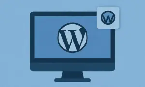 Monitor z logo WordPress i małym, kwadratowym okienkiem z ikoną wordpress favicon.