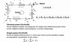 Schemat obwodu elektrycznego ilustrujący prawa Kirchhoffa. Pokazuje węzeł i oczko z rezystorami i źródłami napięcia.