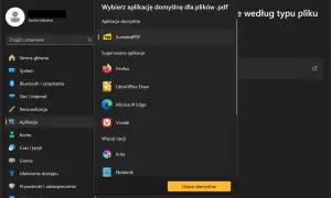 Ustawienia aplikacji domyślnych dla plików PDF. Wybierz, jak zmienić plik na PDF, klikając "Ustaw domyślnie".