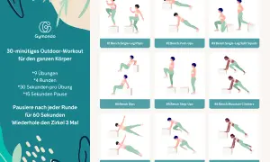 Ein 30-minütiges Outdoor-Workout für den ganzen Körper mit 9 Übungen, darunter Bench Push-Ups und Mountain Climbers. Perfekt für sport im freien.