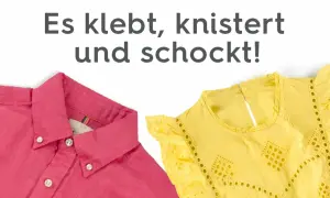 Zwei Kleidungsstücke, eine pinke Hemdbluse und ein gelbes Oberteil mit Lochstickerei, scheinen statisch aufgeladen zu sein und kleben, knittern und schocken.