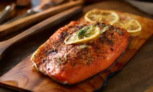 Perfekt gegarter Lachs auf Holzbrett, garniert mit Zitrone und Dill. Die Kerntemperatur für den Lachs smoker ist entscheidend für den perfekten Garpunkt.