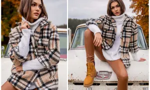 Elegancki golf damski w kratę, idealny do jesiennych stylizacji. Zobacz, jak nosić go z legginsami i botkami.