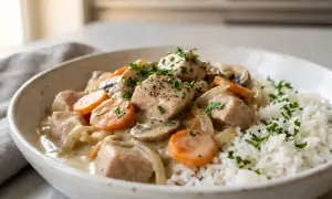 Un réconfortant blanquette de dinde avec des carottes, champignons et oignons, servi avec du riz blanc et garni de persil frais.